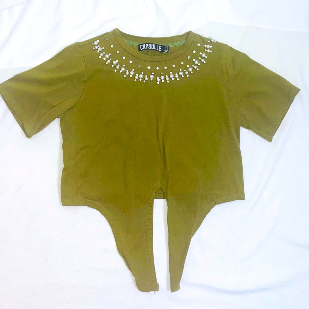 Tie front Crop top-Army green with Pearl collar